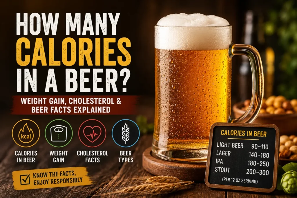 Beer mug with calorie facts, weight gain information, cholesterol facts, and beer calorie chart for a health and lifestyle blog.