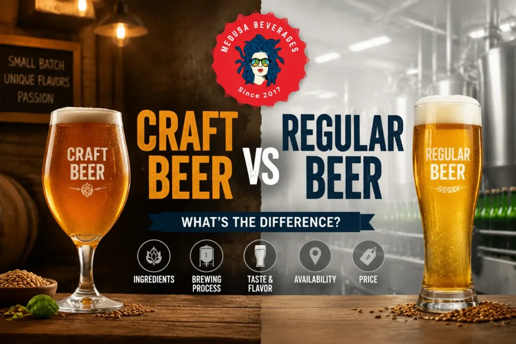 Craft beer vs regular beer comparison showing differences in brewing process, ingredients, taste, and flavour